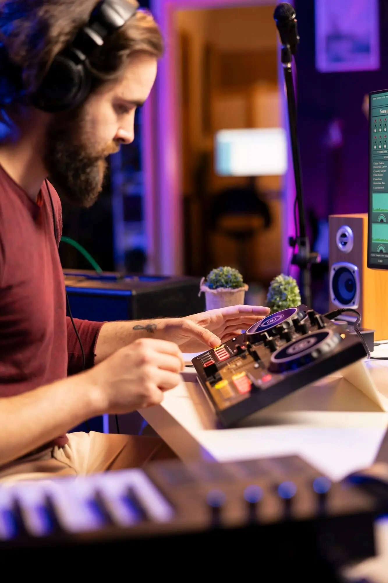 Звукорежиссёр редактирует свои звуковые дорожки на микшерном пульте.